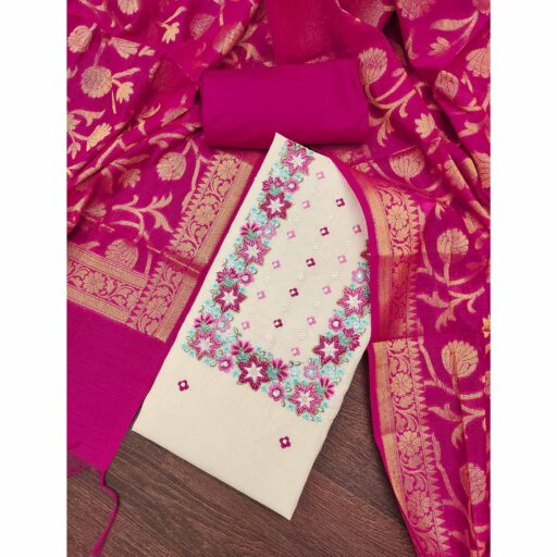 Floral Sequins Embroidered Cream & Pink Pure Cotton Dress Material With Delicate Handwork - Image 2