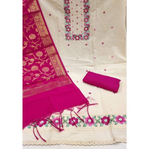 Floral Sequins Embroidered Cream & Pink Pure Cotton Dress Material With Delicate Handwork - Image 3