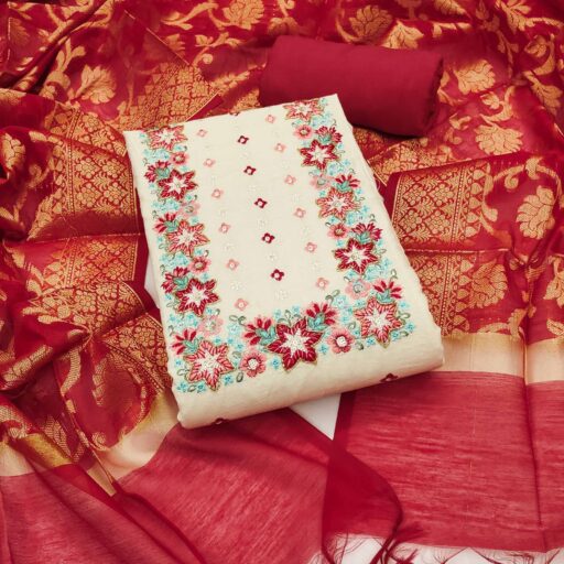 Floral Sequins Embroidered Cream & Red Pure Cotton Dress Material With Delicate Handwork
