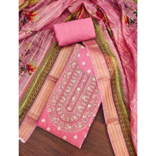 Gajari Pink Woven Banarasi Cotton Silk Dress Material Accented With Sequins Embroidery - Image 2