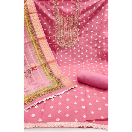 Gajari Pink Woven Banarasi Cotton Silk Dress Material Accented With Sequins Embroidery - Image 3