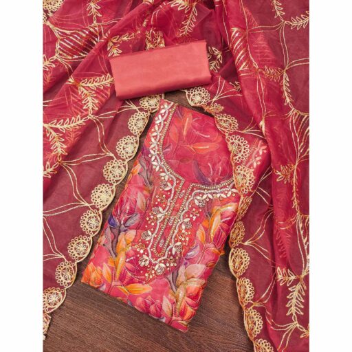Gajri Pink Bloom Charm With Floral Print & Delicate Sequins & Moti Handwork Dress Material - Image 2