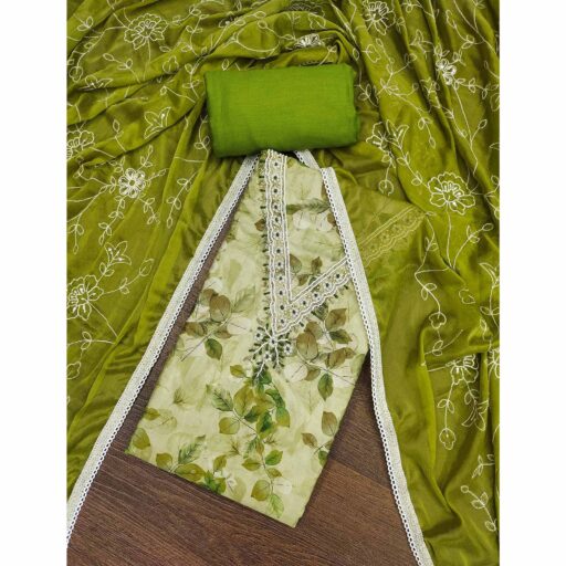 Green Banarasi Silk Dress Material With Digital Print & Moti Handwork - Image 2