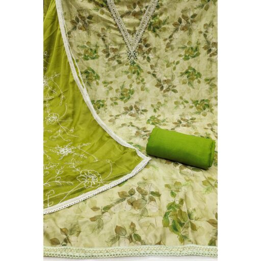 Green Banarasi Silk Dress Material With Digital Print & Moti Handwork - Image 3