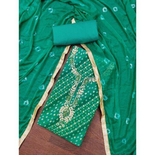 Green Bandhani Printed Pure Cotton Dress Material With Intricate Moti & Gota Patti Handwork - Image 2