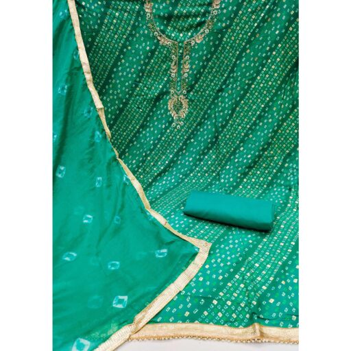 Green Bandhani Printed Pure Cotton Dress Material With Intricate Moti & Gota Patti Handwork - Image 3