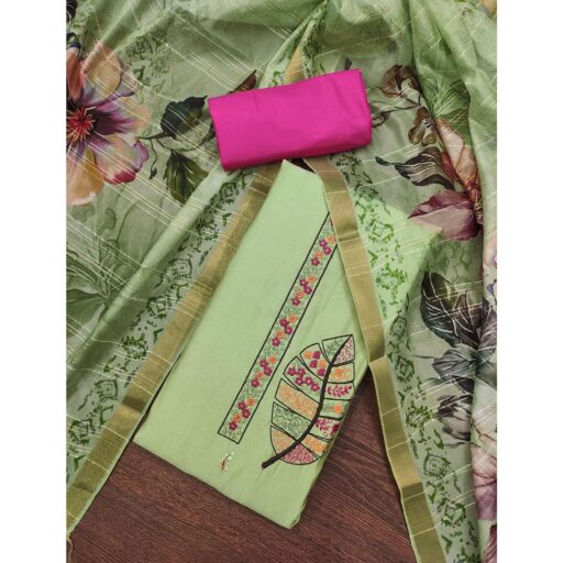 Green Delight Floral Sequins Embroidered Cotton Silk Dress Material - Image 2