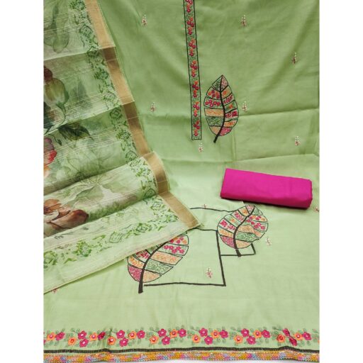 Green Delight Floral Sequins Embroidered Cotton Silk Dress Material - Image 3