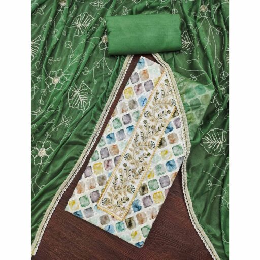 Green Digital Printed With Sequins Embroidery & Handwork Pure Cotton Dress Material - Image 2