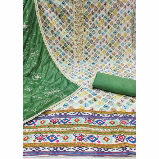 Green Digital Printed With Sequins Embroidery & Handwork Pure Cotton Dress Material - Image 3