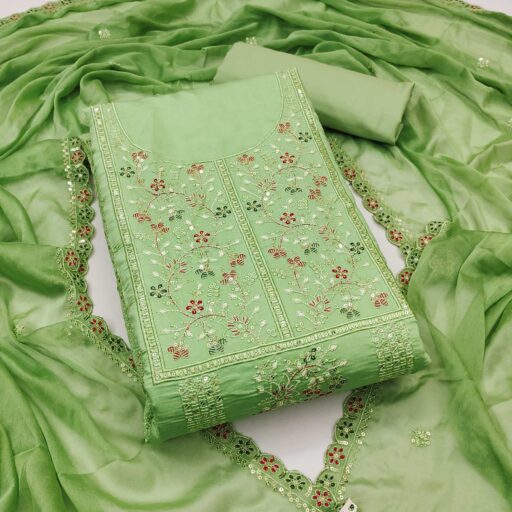 Green Floral Embroidered Cotton Silk Dress Material With Glimmering Floral Sequins Work - Image 2