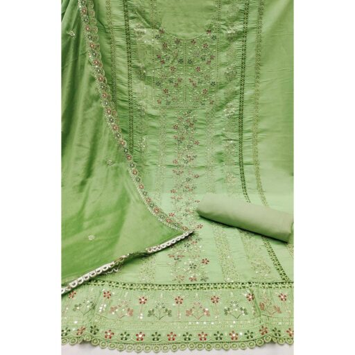 Green Floral Embroidered Cotton Silk Dress Material With Glimmering Floral Sequins Work - Image 3