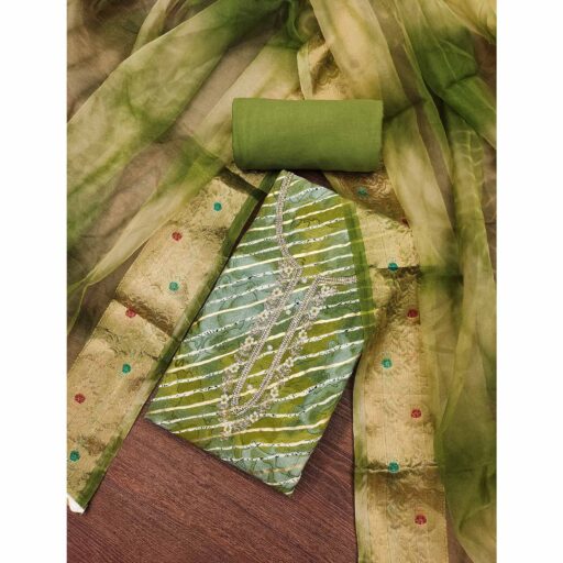 Green Printed With Intricate Moti Handwork Jam Cotton Dress Material - Image 2