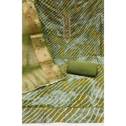 Green Printed With Intricate Moti Handwork Jam Cotton Dress Material - Image 3