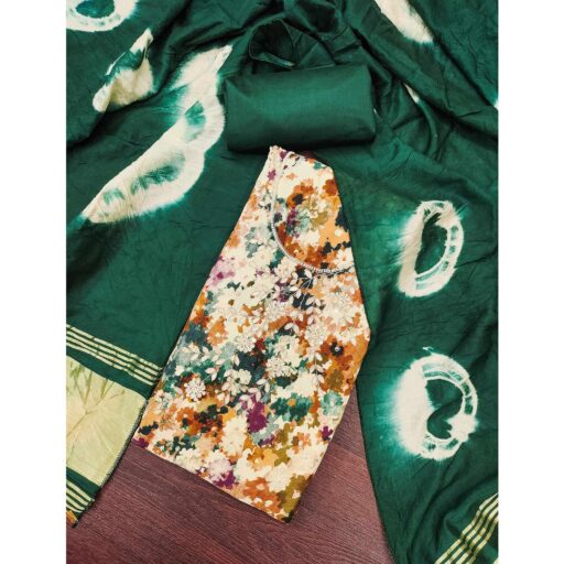 Green Pure Cotton Printed Dress Material Beautified With Moti & Sequins Hand Embellishment - Image 2