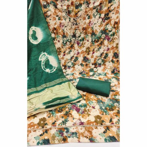 Green Pure Cotton Printed Dress Material Beautified With Moti & Sequins Hand Embellishment - Image 3