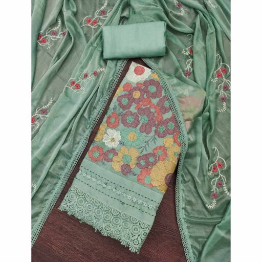 Green Roman Cotton Silk Dress Material Adorned With Elegant Floral Thread Embroidered Work - Image 2