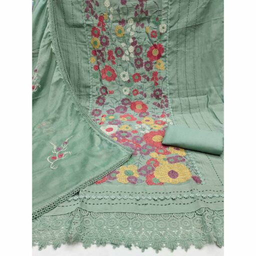 Green Roman Cotton Silk Dress Material Adorned With Elegant Floral Thread Embroidered Work - Image 3