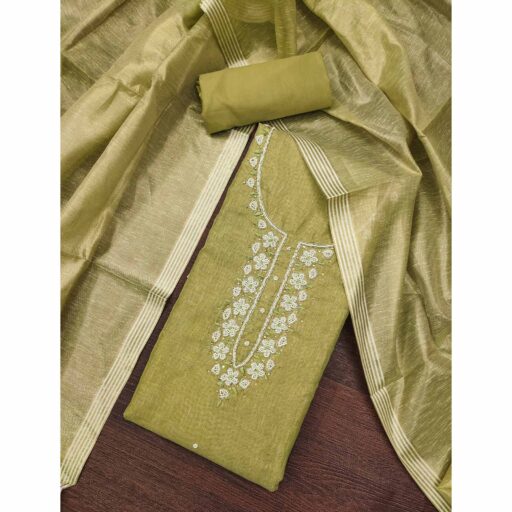 Green Shimmer Cotton Pure Cotton Dress Material With Intricate Moti & Stones Handwork - Image 2