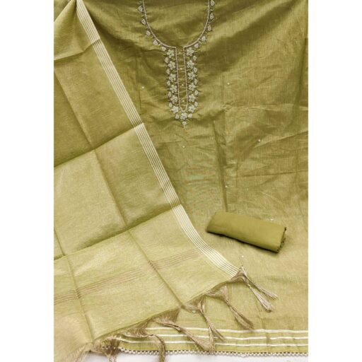 Green Shimmer Cotton Pure Cotton Dress Material With Intricate Moti & Stones Handwork - Image 3