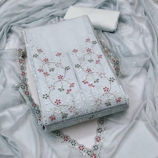 Grey Floral Embroidered Cotton Silk Dress Material With Glimmering Floral Sequins Work - Image 2