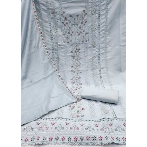 Grey Floral Embroidered Cotton Silk Dress Material With Glimmering Floral Sequins Work - Image 3