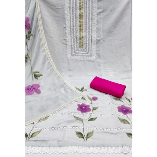 Grey Floral Printed With Intricate Handwork Embroidered Cotton Silk Dress Material - Image 3