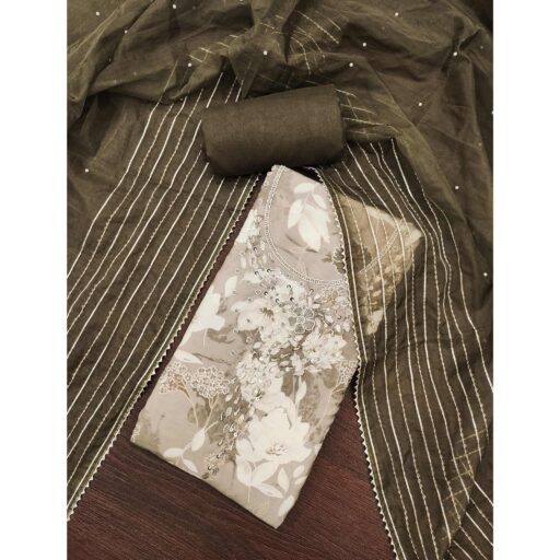 Grey Floral Printed With Intricate Moti & Sequins Handwork Cotton Silk Dress Material - Image 2
