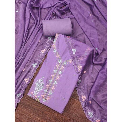 Lavender Dress Material In Cotton Silk With Floral Embroidery & Sequin Accents - Image 2