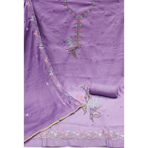 Lavender Dress Material In Cotton Silk With Floral Embroidery & Sequin Accents - Image 3