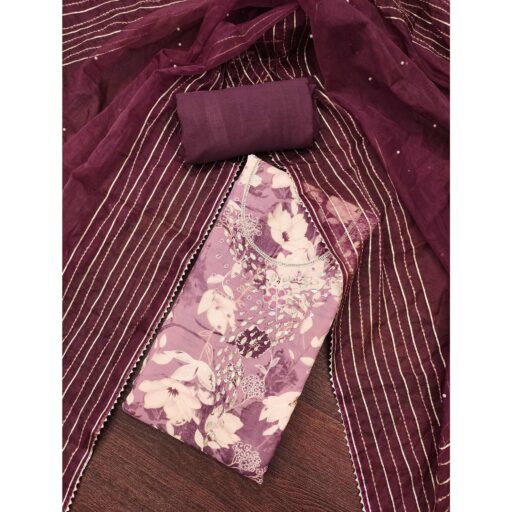 Mauve Floral Printed With Intricate Moti & Sequins Handwork Cotton Silk Dress Material - Image 2