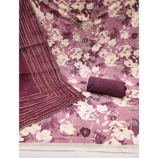 Mauve Floral Printed With Intricate Moti & Sequins Handwork Cotton Silk Dress Material - Image 3
