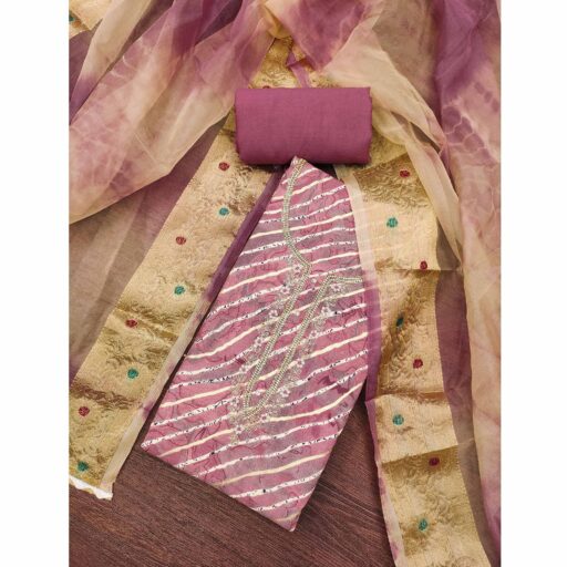 Mauve Printed With Intricate Moti Handwork Jam Cotton Dress Material - Image 2