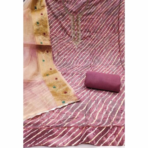 Mauve Printed With Intricate Moti Handwork Jam Cotton Dress Material - Image 3