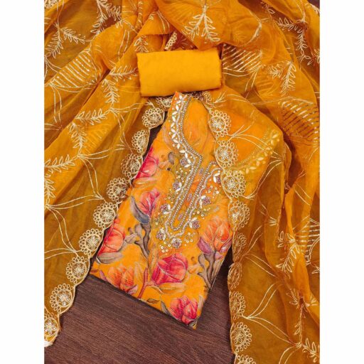 Mustard Bloom Charm With Floral Print & Delicate Sequins & Moti Handwork Dress Material - Image 2