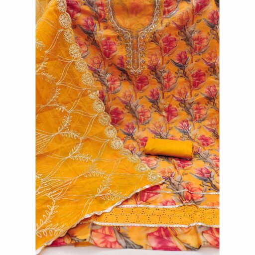 Mustard Bloom Charm With Floral Print & Delicate Sequins & Moti Handwork Dress Material - Image 3