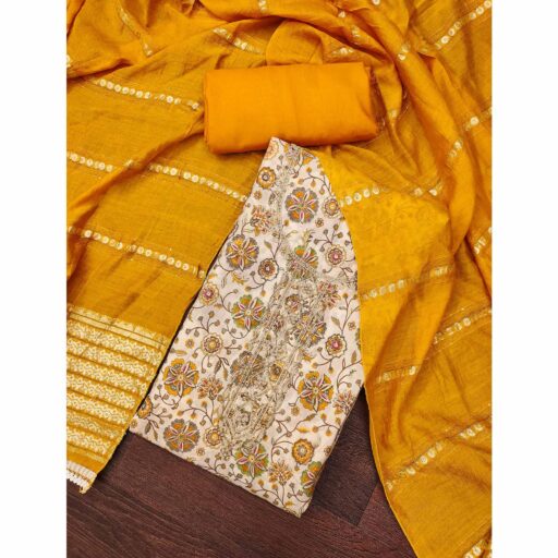 Mustard Floral Printed Roman Cotton Silk Dress Material With Intricate Moti & Sequins Handwork - Image 2