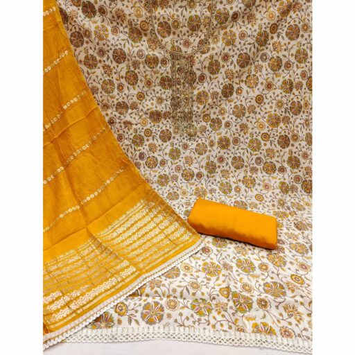 Mustard Floral Printed Roman Cotton Silk Dress Material With Intricate Moti & Sequins Handwork - Image 3