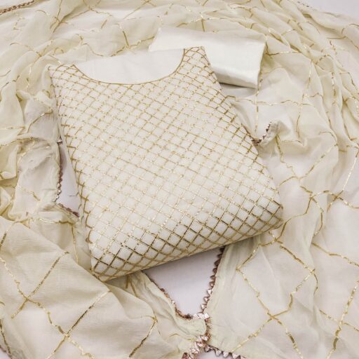 Offwhite Dress Material in Modal Chanderi Silk With Traditional Gota Patti Embellishments - Image 2