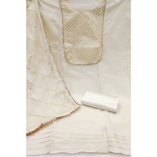 Offwhite Dress Material in Modal Chanderi Silk With Traditional Gota Patti Embellishments - Image 3
