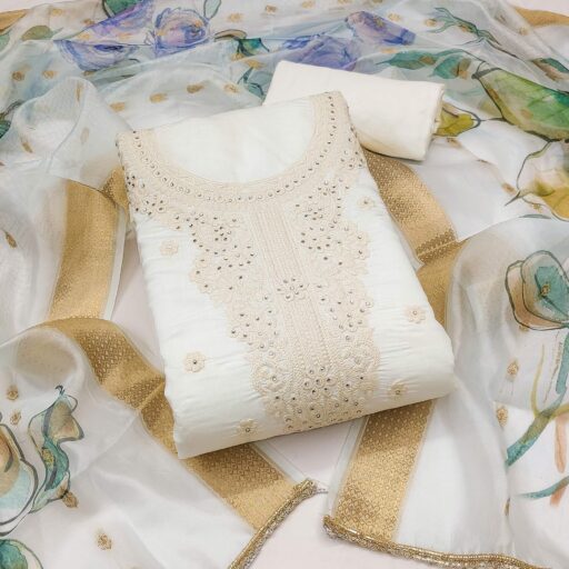 Offwhite Thread Embroidered Cotton Silk Dress Material With Floral Motifs & Stone Work - Image 2