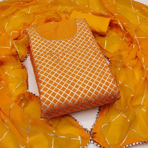 Orange Dress Material in Modal Chanderi Silk With Traditional Gota Patti Embellishments - Image 2