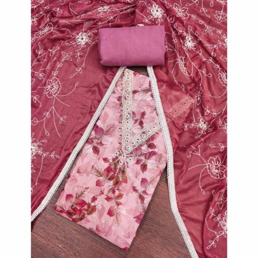 Peach Banarasi Silk Dress Material With Digital Print & Moti Handwork - Image 2