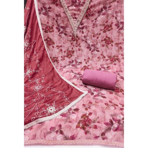 Peach Banarasi Silk Dress Material With Digital Print & Moti Handwork - Image 3