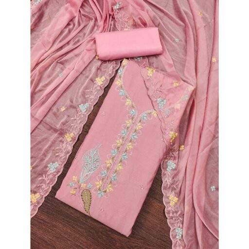 Peach Dress Material In Cotton Silk With Floral Embroidery & Sequin Accents - Image 2