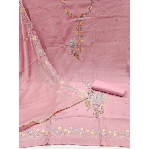 Peach Dress Material In Cotton Silk With Floral Embroidery & Sequin Accents - Image 3