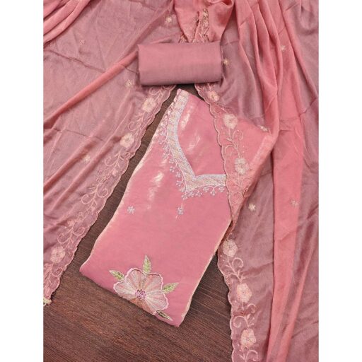 Peach Ensemble With Floral Sequins Embroidery Detailing On Satin Viscose Dress Material - Image 2