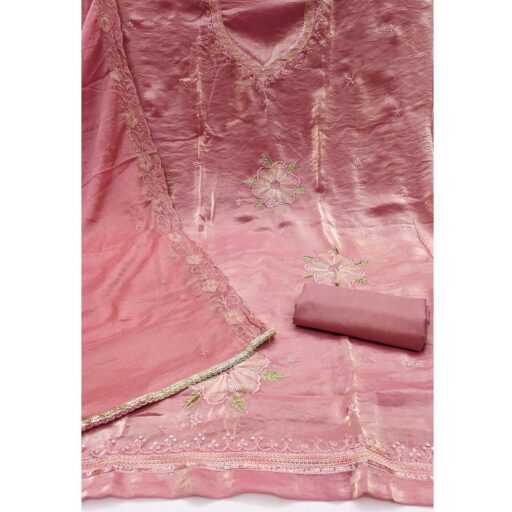 Peach Ensemble With Floral Sequins Embroidery Detailing On Satin Viscose Dress Material - Image 3