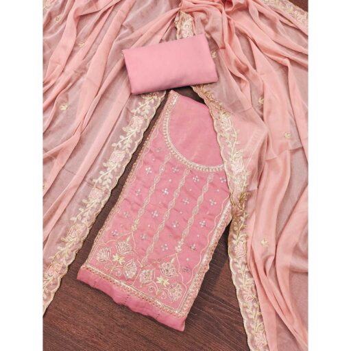 Peach Floral Elegance With Sequins Embroidery On Viscose Satin Dress Material - Image 2