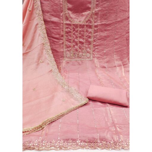 Peach Floral Elegance With Sequins Embroidery On Viscose Satin Dress Material - Image 3